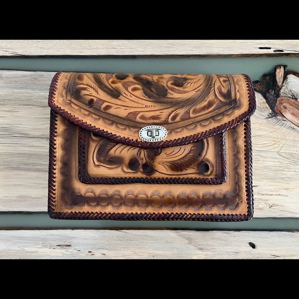 Vintage Hand Tooled Leather Shoulder Purse Handbag From Mexico